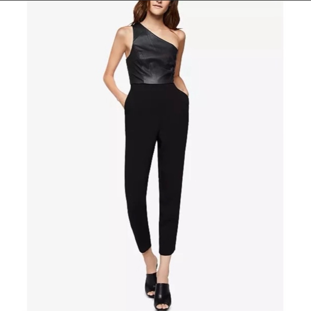 Asymmetric Faux leather BCBG generation black jumpsuit, size 8
